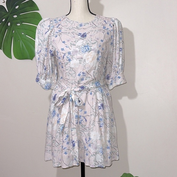 Express Floral Linen-Blend Puff Shoulder Tie Waist Romper Sz. M - Picture 5 of 15